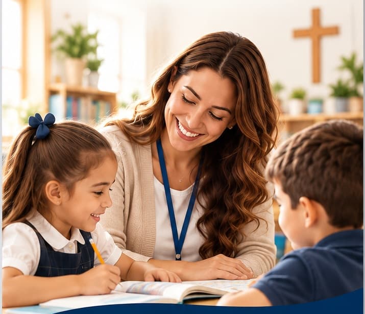 Smiling teacher helping two students with their reading in a classroom